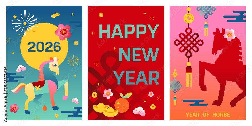 Fototapeta premium Chinese New Year 2026 Year of the Horse Poster and Greeting Card Set – Modern Geometric Vector Illustration, EPS File