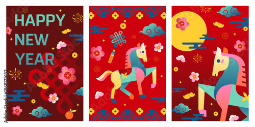 Chinese New Year 2026 Year of the Horse Poster and Greeting Card Set – Modern Geometric Vector Illustration, EPS File