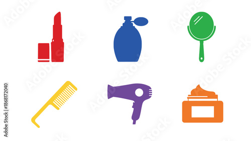 A colorful illustration of various beauty and hair care products and tools.