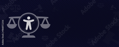 Human Rights and Civil Law Equality Concept with Scales of Justice and Person Icon over Dark Hexagon Background with Copy Space Vector Illustration