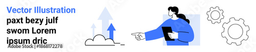 Business growth, technology innovation, teamwork, digital collaboration, economic progress, strategic planning. Person pointing to graph arrows, cloud and gears. Business growth and technology