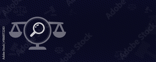 Legal Investigation and Forensic Evidence Search Concept with Scales of Justice and Magnifying Glass Icon over Dark Hexagon Background with Copy Space Vector Illustration