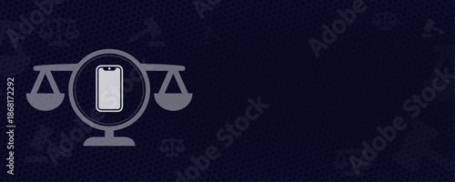 Mobile Technology Law and Digital Smartphone Rights Concept with Scales of Justice and Phone Icon over Dark Hexagon Background with Copy Space Vector Illustration