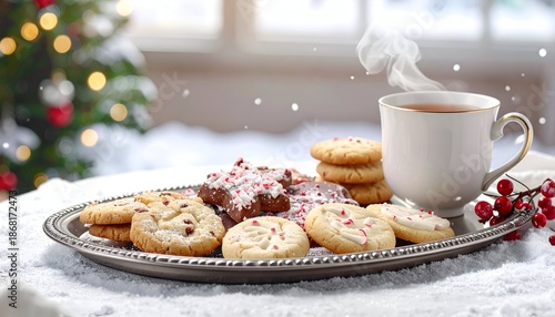 A festive scene, cookies on a platter with tea, snow, and a Christmas tree