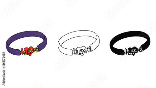 Three colorful wristbands with love messages on a white background
