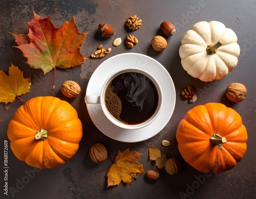 Overhead shot of coffee, pumpkins, fall leaves and nuts arranged on a rustic surface