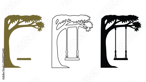 A colorful illustration of a tree with a swing in various design styles