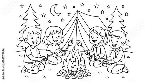 A group of happy children sitting around a campfire at night in the woods