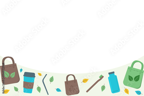 Plastic free lifestyle background with bottom border copy space. Zero waste template featuring reusable bag and stainless straw. Vector flat design layout for ecology banner or save earth campaign.