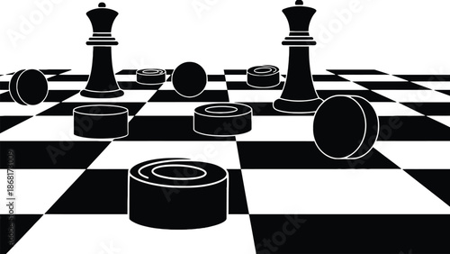 A black and white illustration of a chessboard with checkers and chess pieces