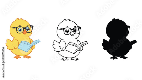 Three cartoon chicks wearing glasses and reading books in different styles