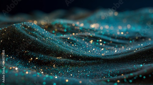 Sparkling Particle Waves: An ethereal and mesmerizing digital rendering presents undulating waves composed of countless sparkling particles, evoking a sense of fluidity and cosmic wonder.
