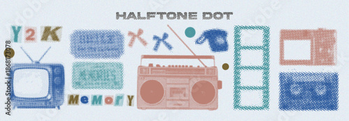 Retro Y2K Halftone Dots Multimedia And Nostalgic Technology Elements Set Featuring Vintage CRT TV, Boombox, Cassette Tape, Film Strip, And Stylized Typography, Inspired By 90s Pop Culture And Risograp