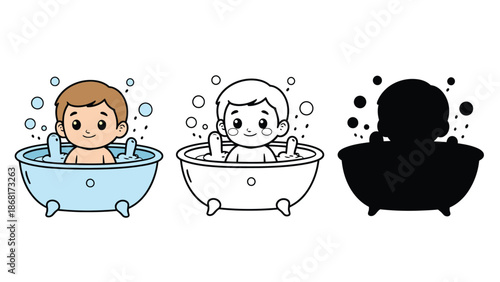 A cartoon illustration of children taking a bath in different colored tubs with bubbles