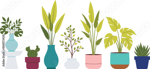Modern Indoor Houseplants Illustration Set with Decorative Colorful Pots and Vases Botanical Greenery Flat Style Collection