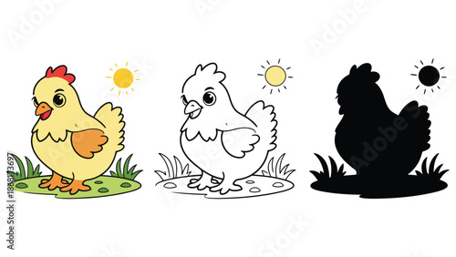 A colorful illustration of chickens in different stages of coloring and shading techniques
