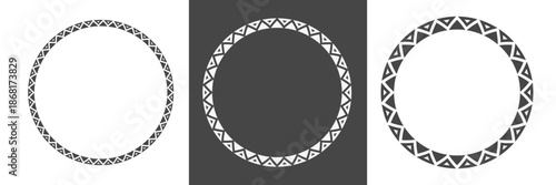 Set of tribal circular frames with Aztec-inspired ornamental borders. Ethnic geometric motifs arranged in round compositions, suitable for design, decoration, branding, and cultural projects