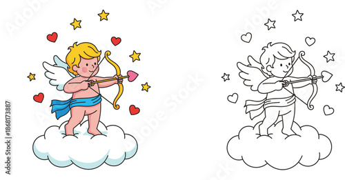 Adorable Cupid on Cloud with Bow and Heart Arrow - Valentine's Coloring Page