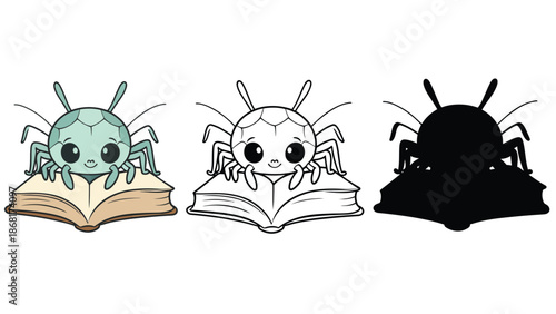 A colorful illustration of spiders reading books in different styles and colors.