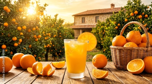 Freshly squeezed orange juice with whole fruits and peel rests on rustic wood tables at sunset