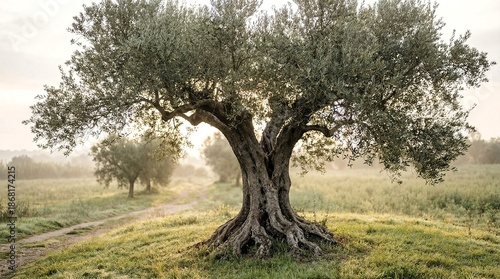 Majestic ancient olive tree with gnarled trunk stands alone in a misty green field at sunrise