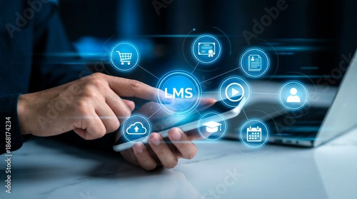 Businessman interacts with a glowing holographic learning management system interface displayed above a modern smartphone screen