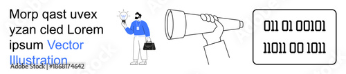Innovation, analysis, future planning, technology, vision, research. A man holding a light bulb, a telescope and binary code visualization. Innovation and analysis concept