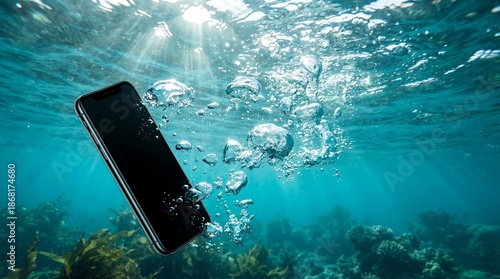 Modern black smartphone sinking beneath clear blue ocean surface surrounded by rising air bubbles and underwater kelp