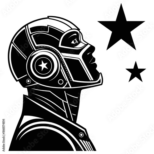 A futuristic astronaut in a sleek helmet looks up at the stars