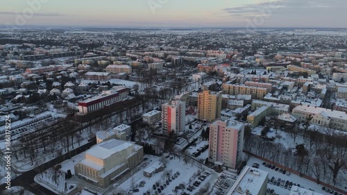 Wallpaper Mural Drone flight over winter city at sunrise with visible car traffic and dense residential urban architecture landscape Torontodigital.ca