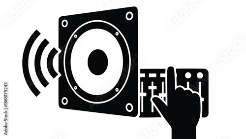 A hand interacts with a speaker and sound control panel in a graphic illustration