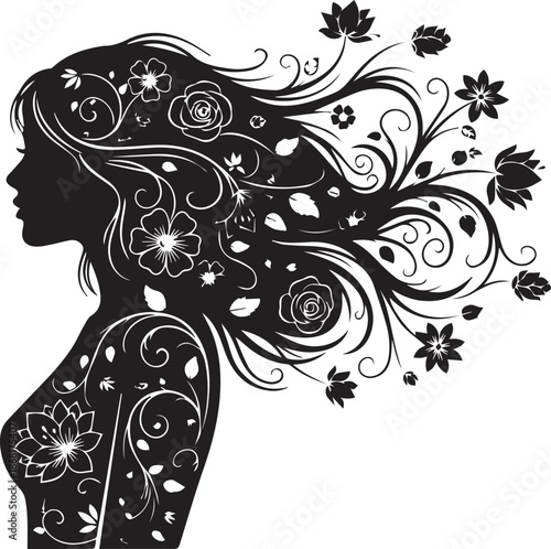 Silhouette of a woman with floral patterned hair and body