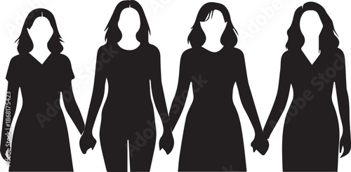 Four women silhouettes holding hands in unity and friendship