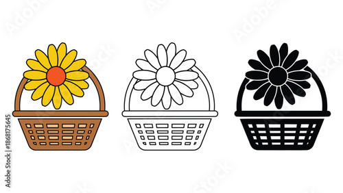 Three baskets with flowers in different colors and styles on a white background