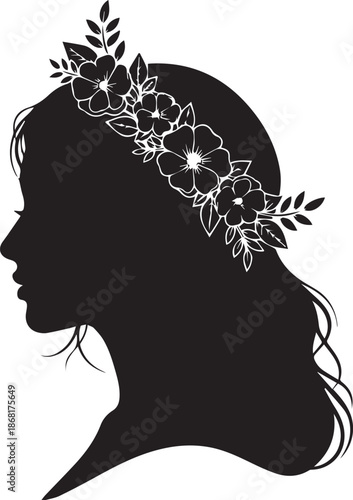 Silhouette of a woman with a floral crown and wavy hair