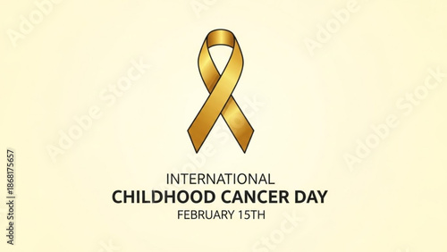 Gold ribbon for International Childhood Cancer Day awareness symbol for February 15th isolated on a soft yellow background