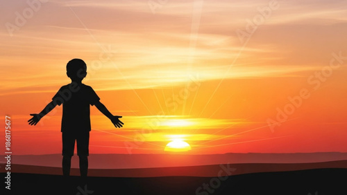 Silhouette of a child with arms outstretched towards a vibrant sunset symbolizing hope and new beginnings perfect for concept