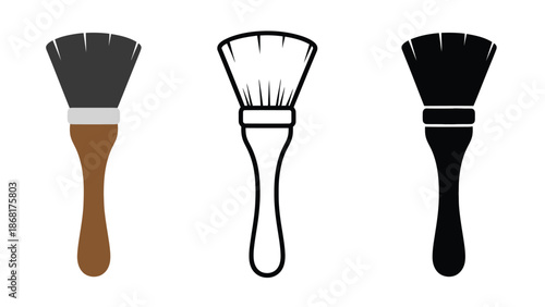 Three paintbrushes in different colors and styles on a white background