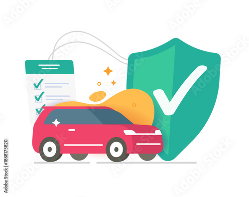 Car auto insurance shield icon, vector vehicle safety security protection coverage checklist policy modern graphic illustration design, automobile motor assurance premium guarantee claim form document