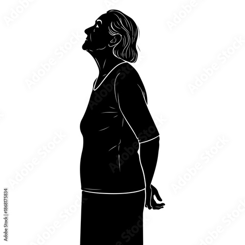 Silhouette of an elderly woman looking upwards with her hands clasped behind her back Vector