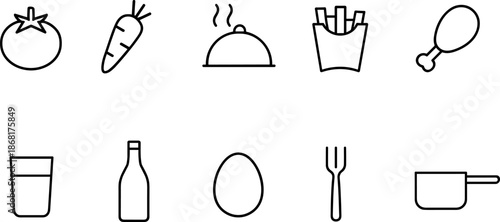 Food and cooking icons set. Kitchenware, ingredients, meal preparation outline symbols
