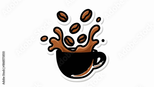 A stylized black cup overflows with splashing brown liquid, and coffee beans tumble out
