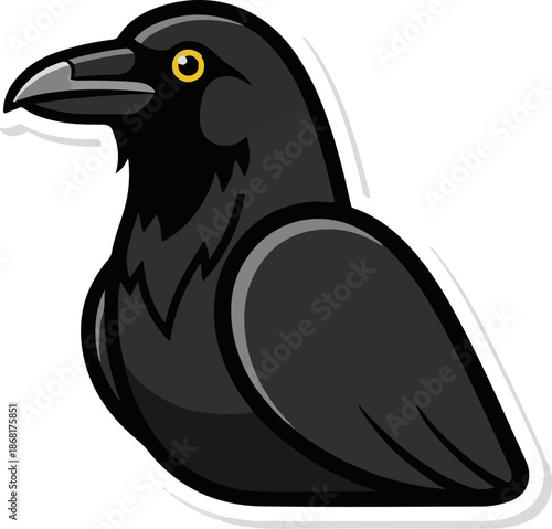 A stylized black bird with a sharp beak and bright yellow eye gazes to the left