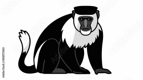 A stylized black and white primate with distinctive facial markings and a fluffy mane