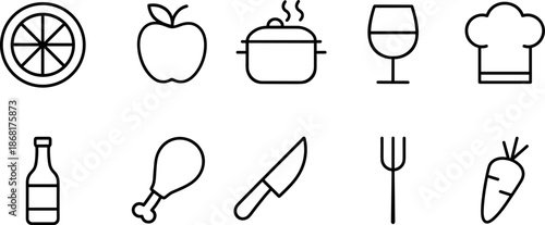 Food and cooking icons set. Kitchenware, ingredients, meal preparation outline symbols
