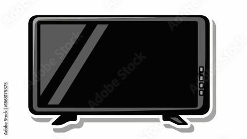 A stylized, black and grey television with a stand and subtle reflections