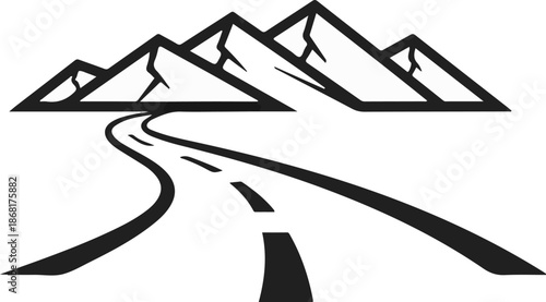 A stylized black and white graphic depicts a winding road leading towards a range of jagged mountain peaks
