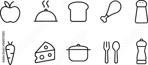 Food and cooking icons set. Kitchenware, ingredients, meal preparation outline symbols