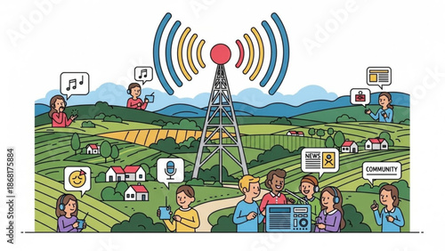 Radio tower broadcasting signals over a rural landscape with people communicating concept for communication and connection