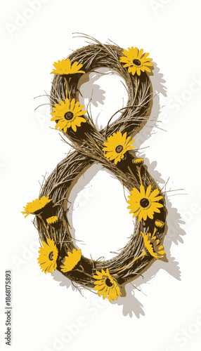 Creative Floral Arrangement: Number Eight Shaped Wreath Adorned with Vibrant Yellow Daisy Flowers and Rustic Natural Twigs on a Clean White Background